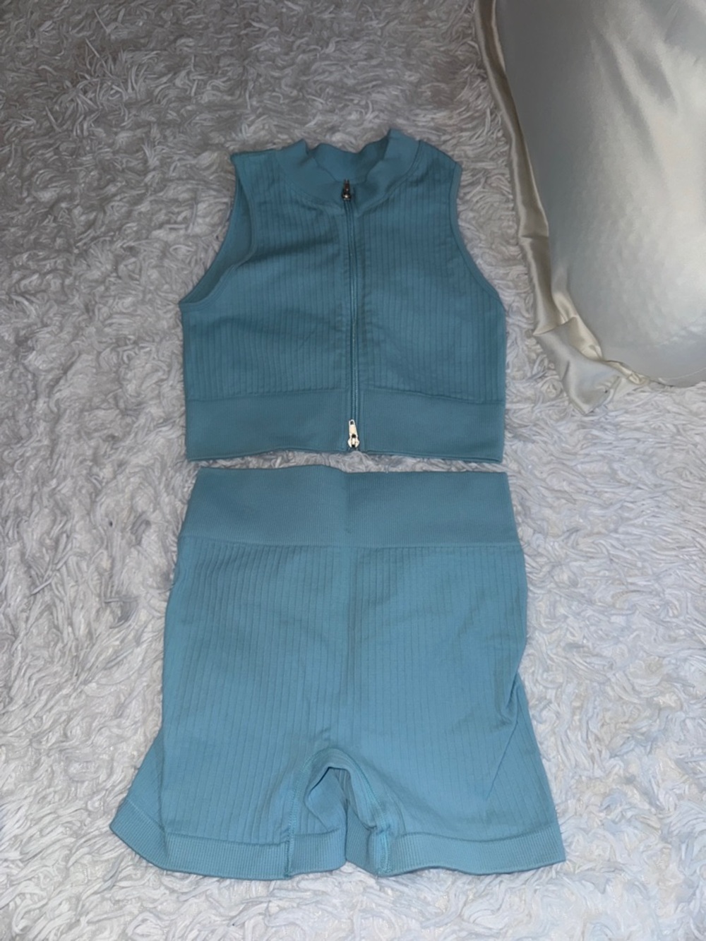 Ribbed Light Blue Two-Piece Crop Top + High-Waist Shorts Set